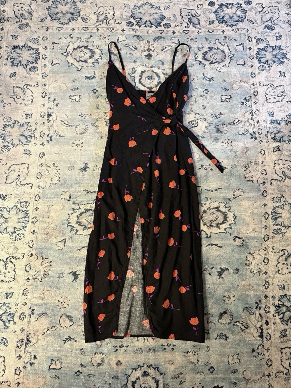 Urban Outfitters Black Floral Wrap Midi Dress with Red Tulip Print